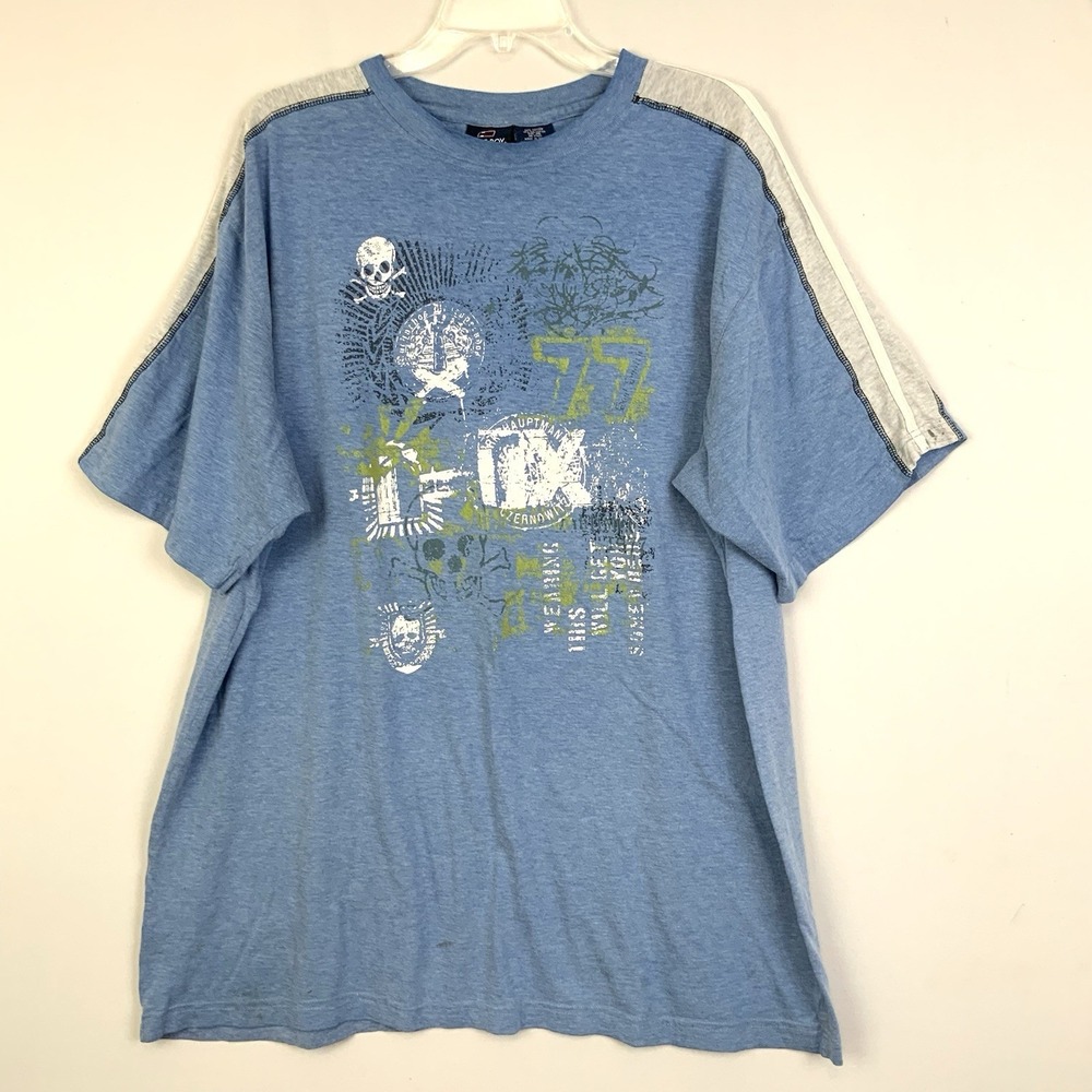 Vintage 90s Bugle Boy Sz XL Blue Abstract Skull Graphic T-Shirt Stripe Sleeve
